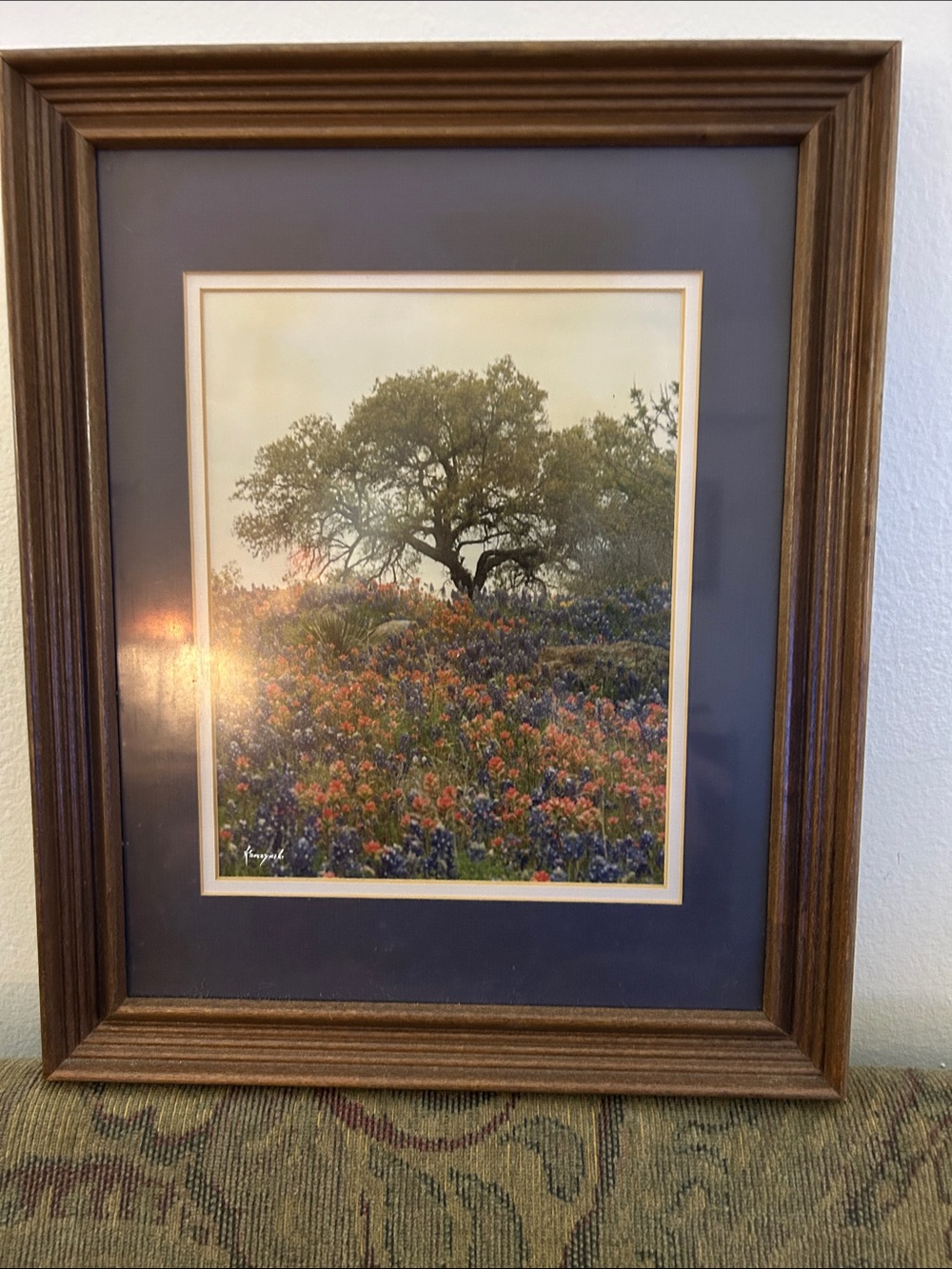 Crescent Wildflower Field Print with Blue Mat and Brown Frame